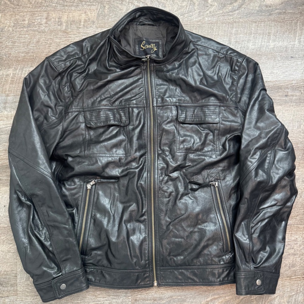 Scully Leather Cafe Racer Biker Jacket Size 2X Black Multi Pocket Zip Front